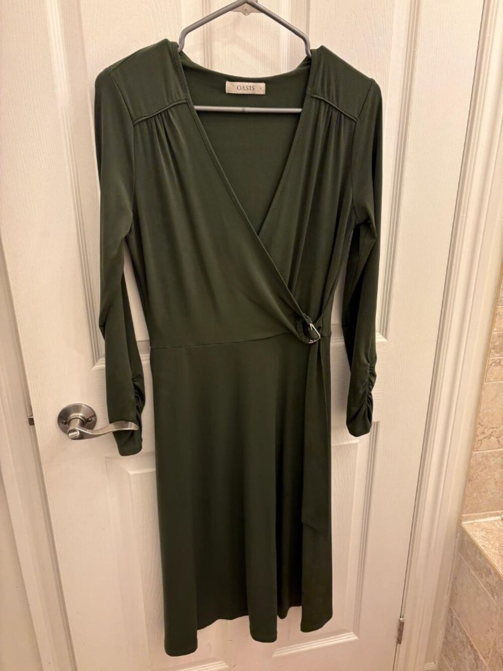 Oasis wrap dress with ring detail in army green